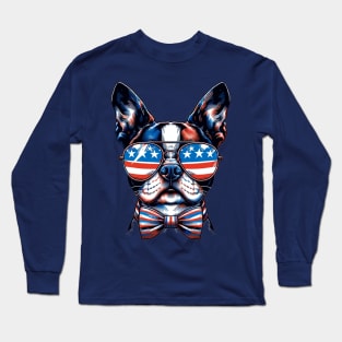 Boston Terrier Dog Sunglasses American Flag 4th of July Long Sleeve T-Shirt